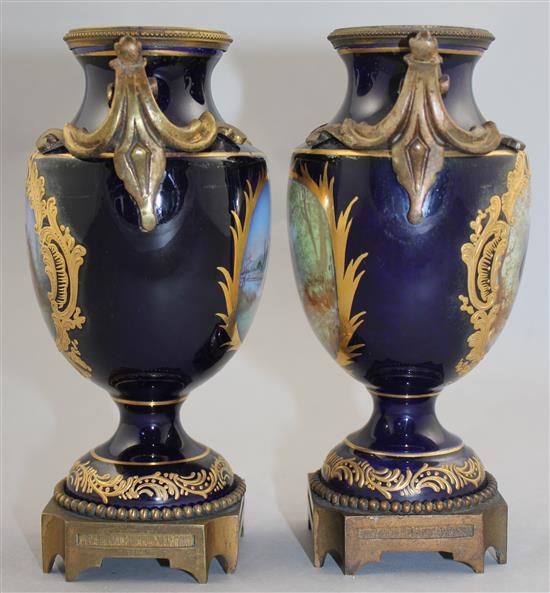 A pair of Sevres style ormolu mounted cobalt vases, late 19th century, 18.5cm